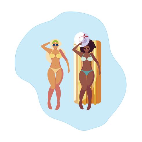 beautiful interracial girls with float mattress in water vector