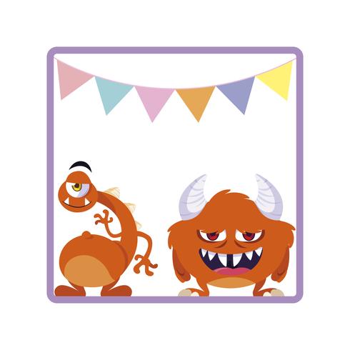 square frame with funny monsters and garlands hanging vector