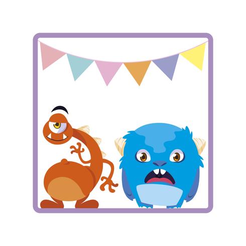 square frame with funny monsters and garlands hanging vector