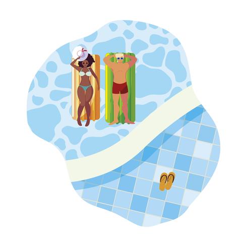 interracial couple with float mattress in water vector
