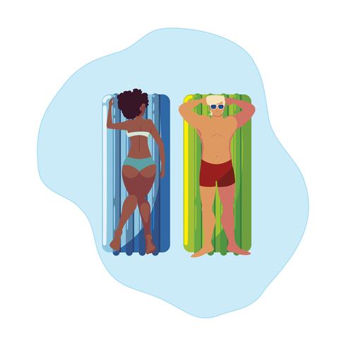 interracial couple with float mattress in water vector