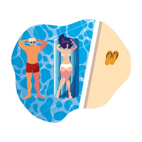 young couple with float mattress in pool vector