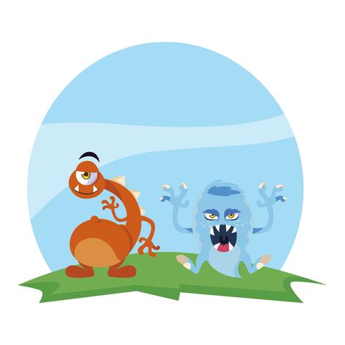 funny monsters couple in the field characters colorful vector