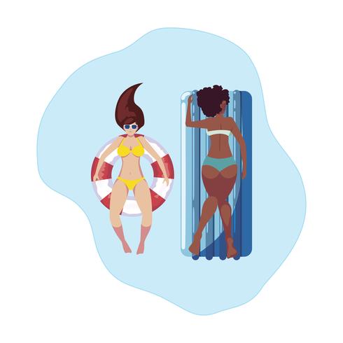 interracial girls with swimsuit and lifeguard float in water vector