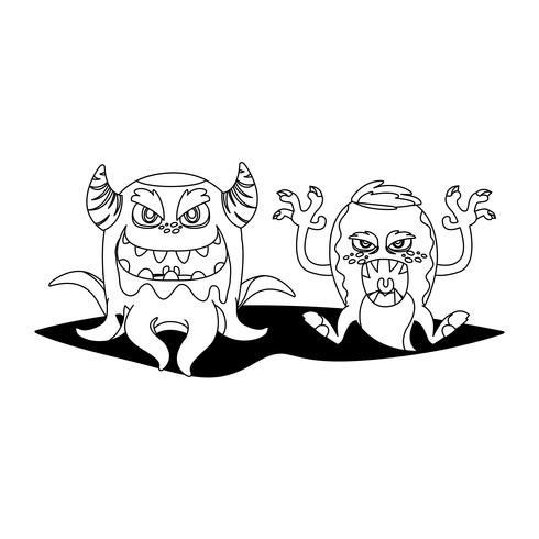 funny monsters couple comic characters monochrome vector