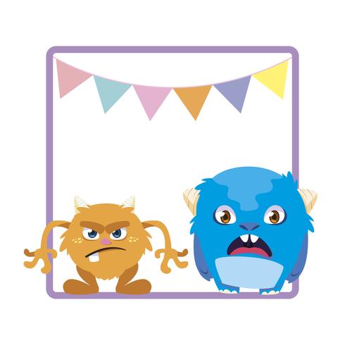 square frame with funny monsters and garlands hanging vector