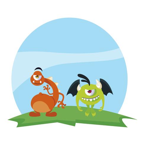 funny monsters couple in the field characters colorful vector