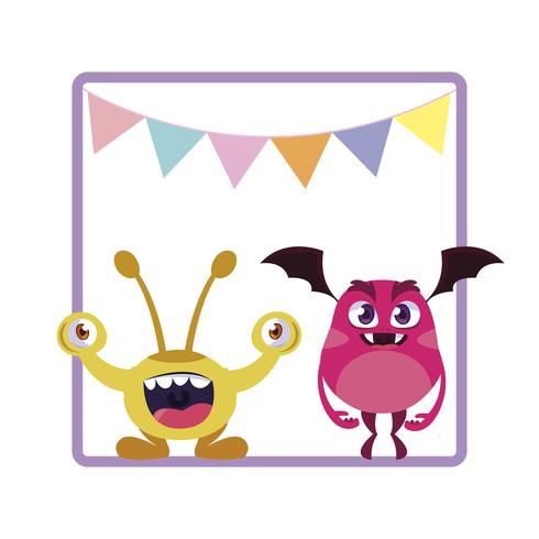 square frame with funny monsters and garlands hanging vector