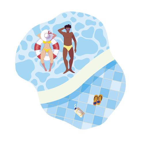 Pareja interracial con traje de baño y flotador en agua. vector