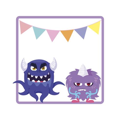 square frame with funny monsters and garlands hanging vector