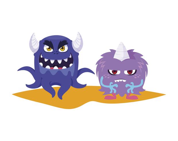 funny monsters couple comic characters colorful vector