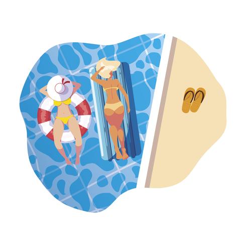 girls with swimsuit in lifeguard and mattress floats in water vector