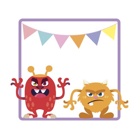 square frame with funny monsters and garlands hanging vector