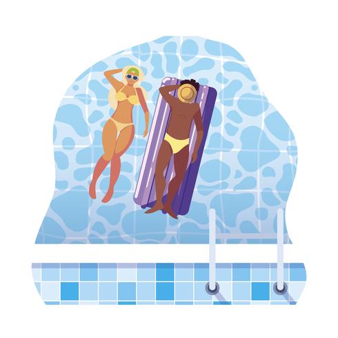 interracial couple with float mattress in water vector