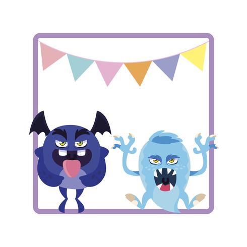 square frame with funny monsters and garlands hanging vector