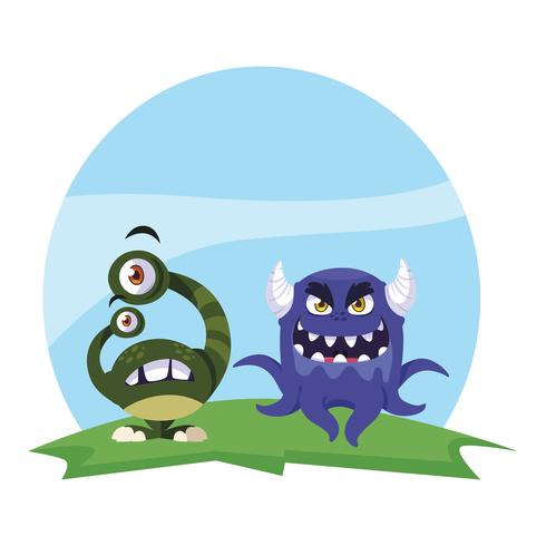 funny monsters couple in the field characters colorful vector