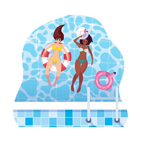 Chicas interraciales con traje de baño y salvavidas flotan en el agua. vector
