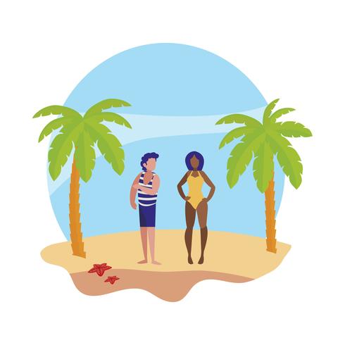 young boy with woman on the beach summer scene vector