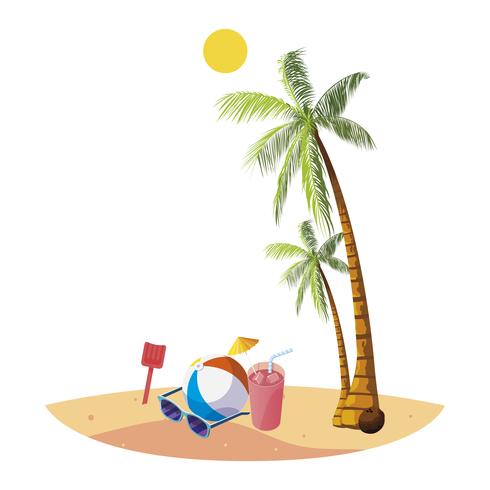 Playa de verano con palmeras y globo de juguete. vector