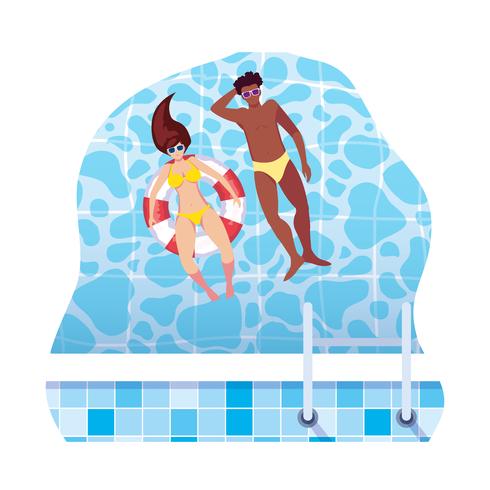 Pareja interracial con traje de baño y flotador en agua. vector