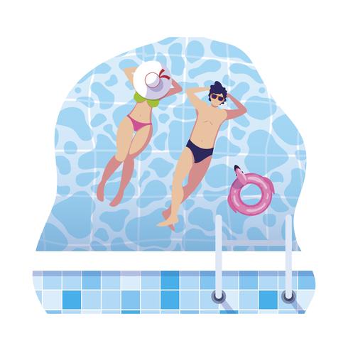 young couple with swimsuit floating in pool vector