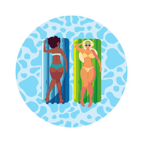 Hermosas chicas interraciales con colchón flotador en agua. vector