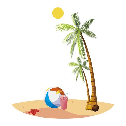 Playa de verano con palmeras y globo de juguete. vector