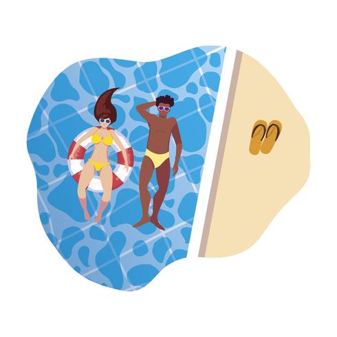 Pareja interracial con traje de baño y flotador en agua. vector