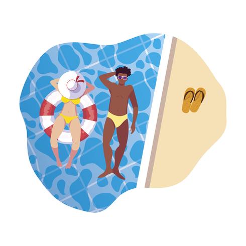 Pareja interracial con traje de baño y flotador en agua. vector