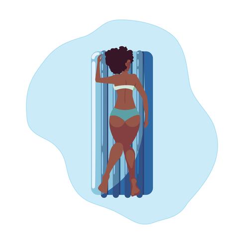 afro woman tanning in float mattress floating in water vector