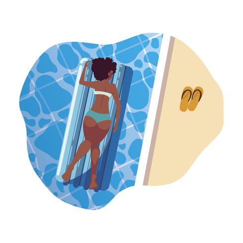 afro woman tanning in float mattress floating in water vector