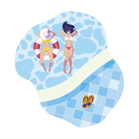 girls with swimsuit and lifeguard float in pool vector