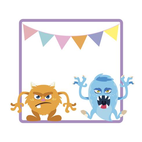 square frame with funny monsters and garlands hanging vector