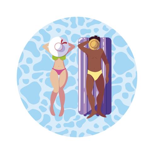 interracial couple with float mattress in water vector