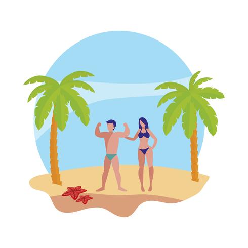 young couple on the beach summer scene vector