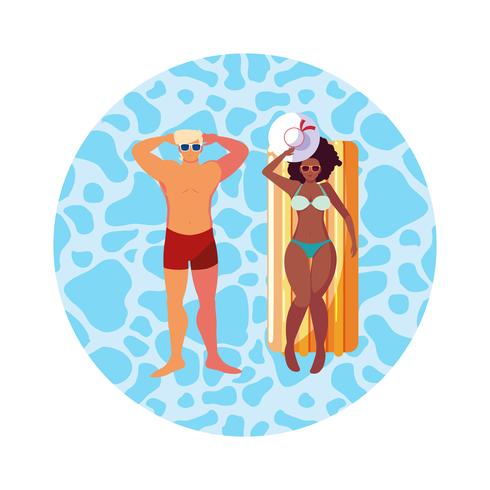 interracial couple with float mattress in water vector