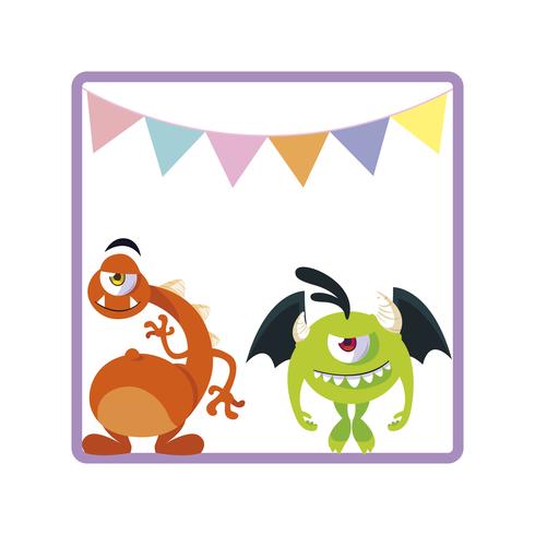 square frame with funny monsters and garlands hanging vector