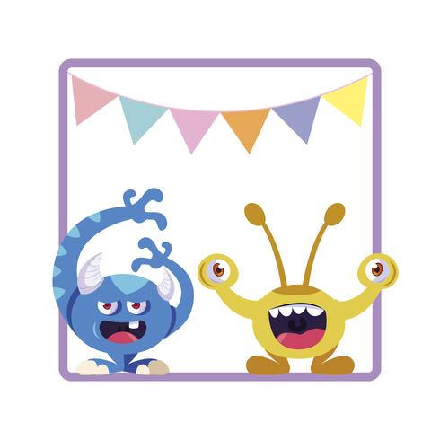 square frame with funny monsters and garlands hanging vector