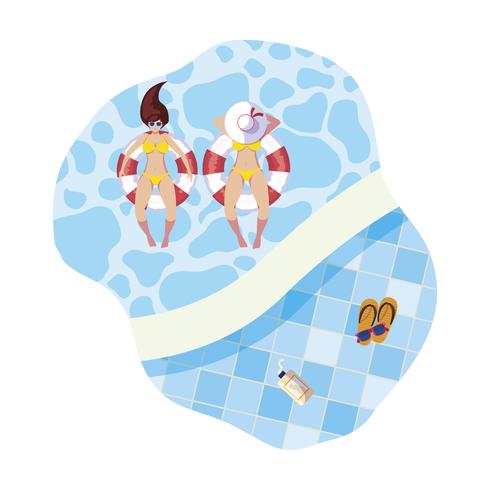 girls with swimsuit and lifeguard float in pool vector