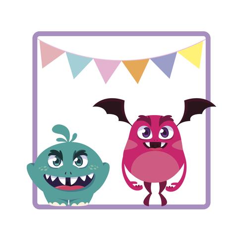 square frame with funny monsters and garlands hanging vector