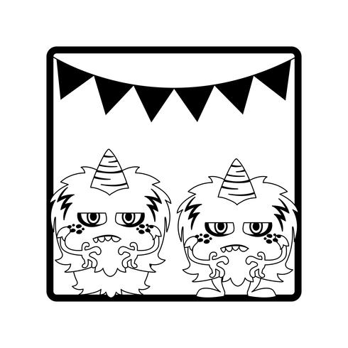 monochrome frame with monsters and garlands hanging vector