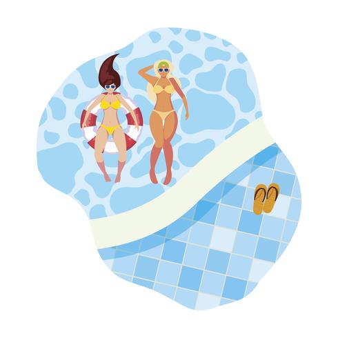 girls with swimsuit and lifeguard float in pool vector