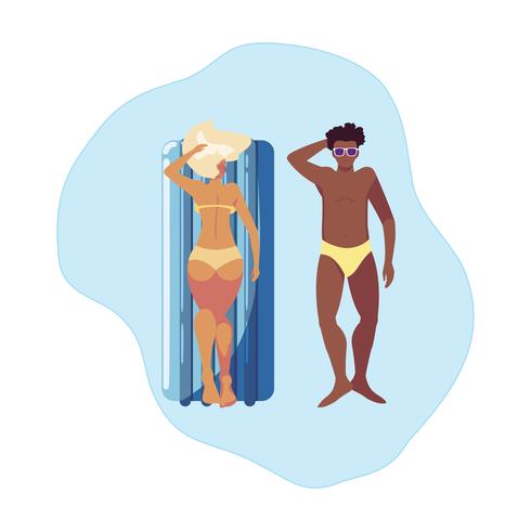 interracial couple with float mattress in water vector