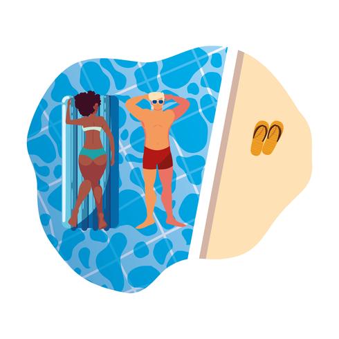 Pareja interracial con colchón flotador en agua. vector