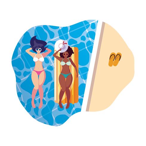 Hermosas chicas interraciales con colchón flotador en agua. vector