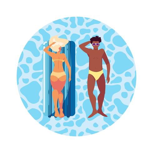 Pareja interracial con colchón flotador en agua. vector