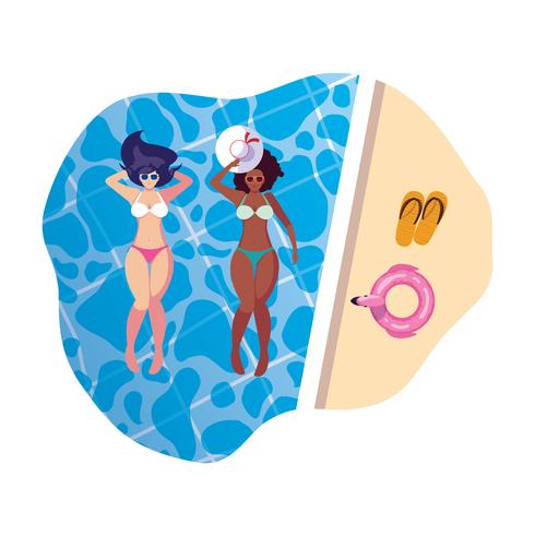 interracial girls couple with swimsuits floating in pool vector