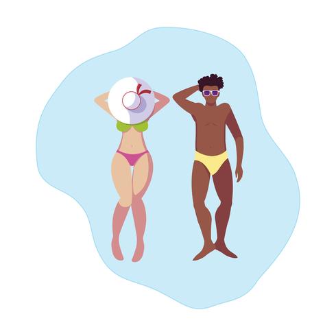 interracial couple with swimsuit floating in water vector