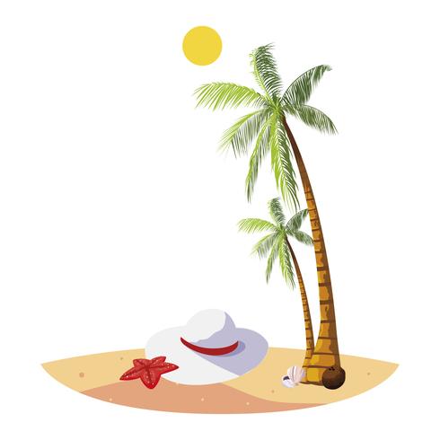 Playa de verano con palmeras y escena de sombrero femenino. vector