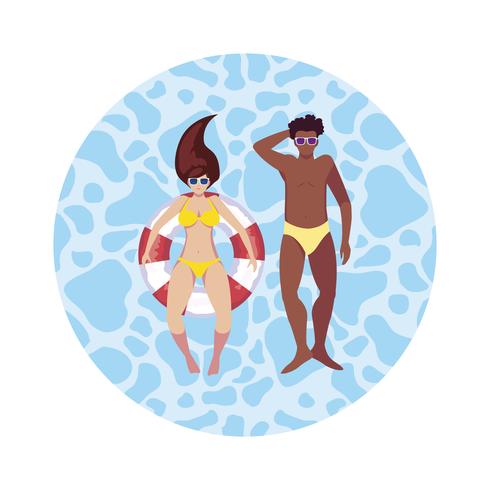 interracial couple with swimsuit floating in water vector